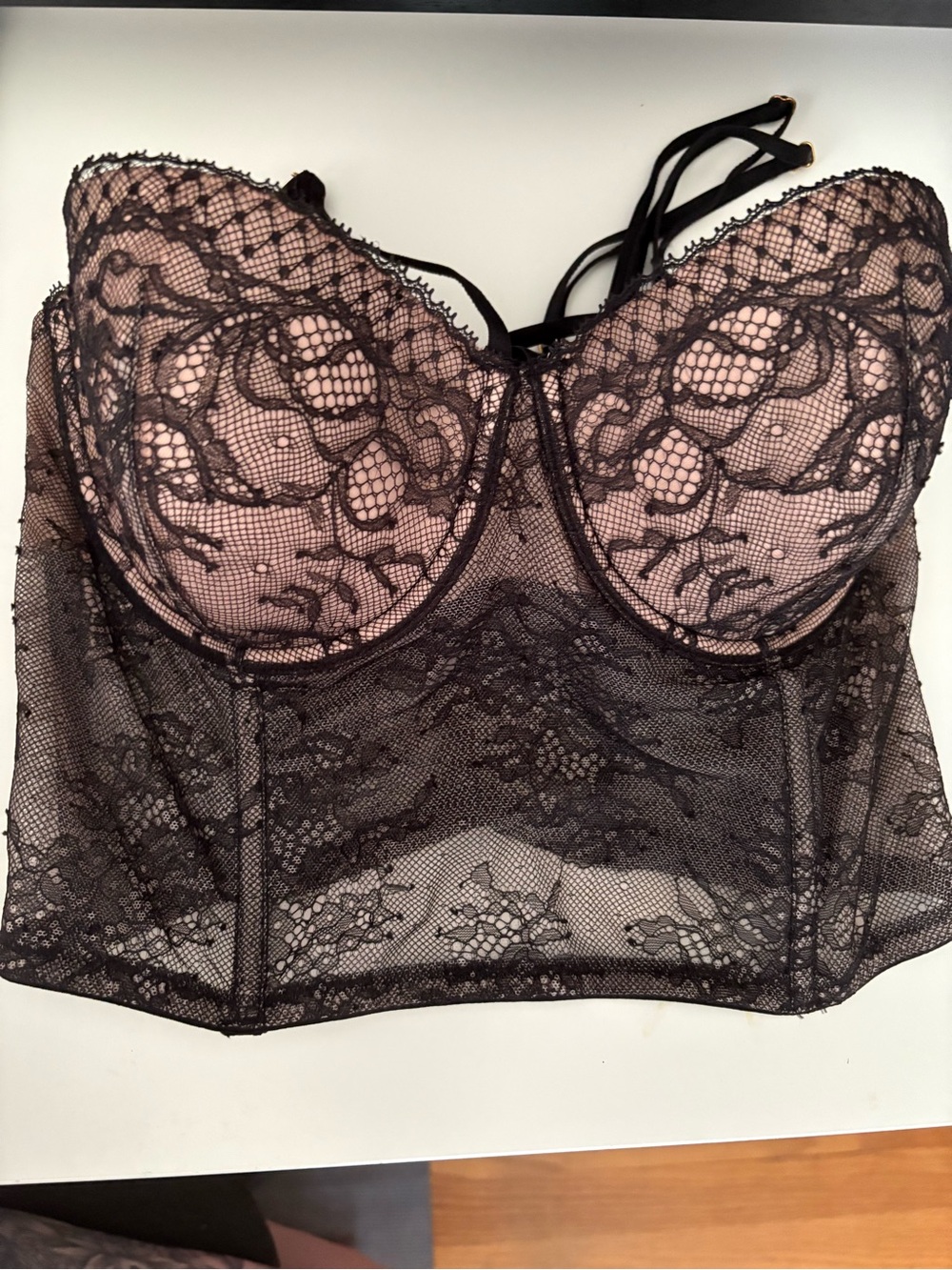 Victoria's Secret Black Lace Longline Bustier with Nude Lining